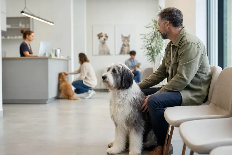 Ein Bobtail sitzt ruhig neben seinem Besitzer im hellen Wartezimmer einer modernen Tierarztpraxis.